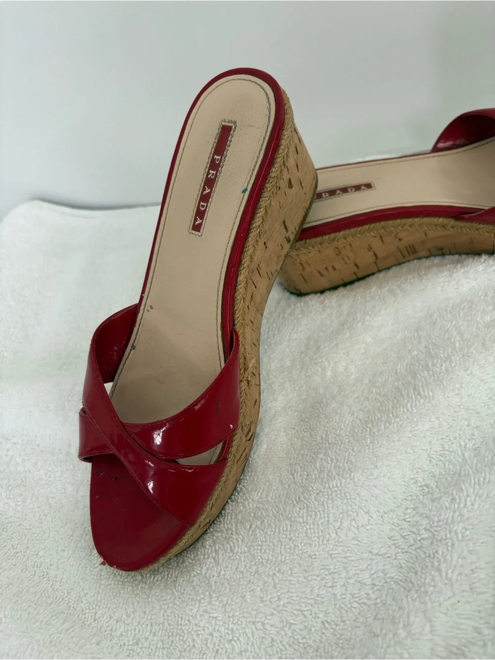 Prada Red Patent Cork Platform Slide Sandals